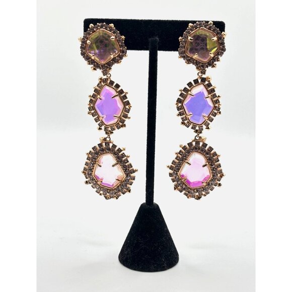 Kendra Scott Crystal Iridescent Gold Triple Drop Clip On Earrings - Picture 5 of 8